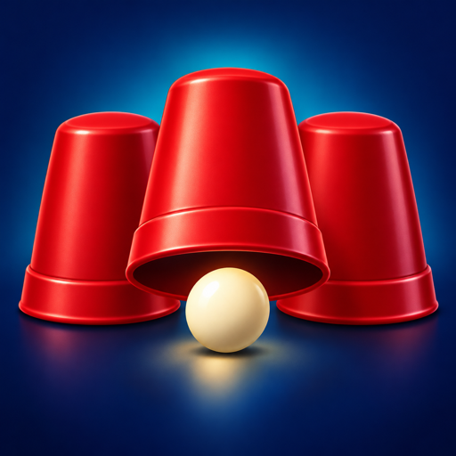 Thimblerig app icon: three red cups and an ivory ball on a dark background